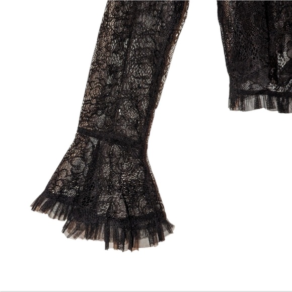 Betsey Johnson Black Lace Bell Sleeve Tulle Front Tie Waist Crop Blouse - Picture 14 of 16